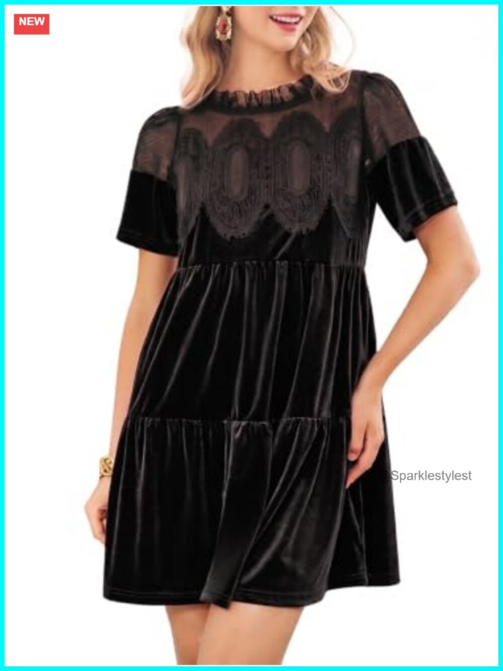 Velvet Lace Short Sleeve Babydoll Mini Dress